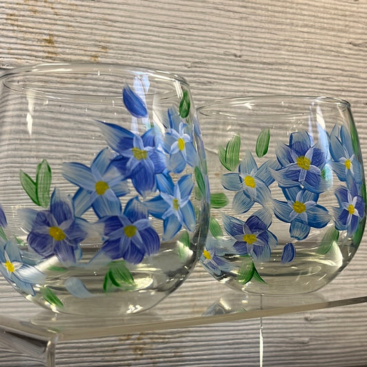 Set of 2 hand painted Forget-me-not stemless wine glasses