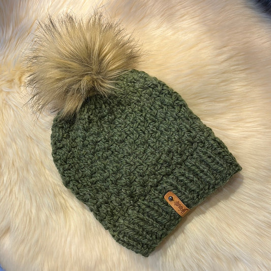 Reminisce Beanie (Green) Wool acrylic blend yarn with removable pom pom. Care: Remove pom, gentle wash dry flat.