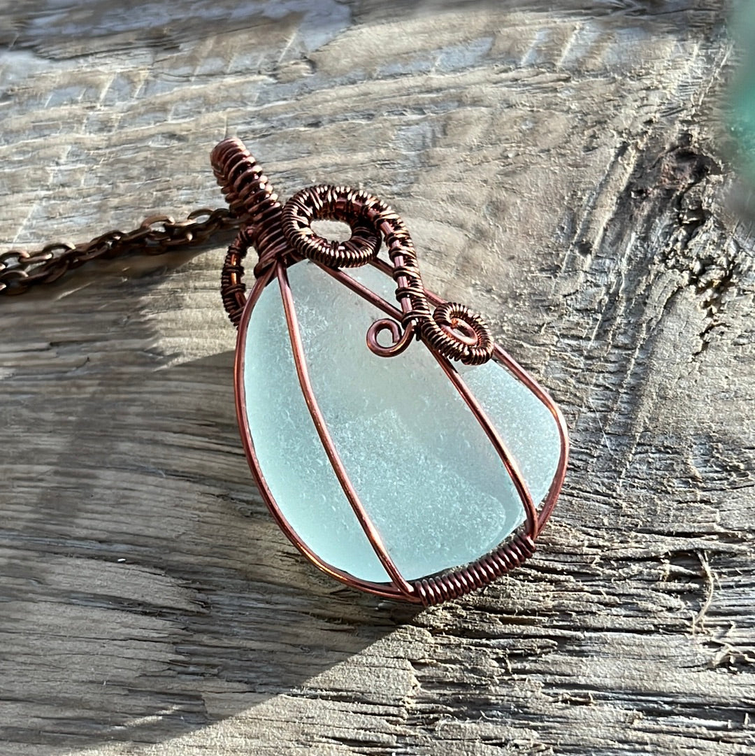 Light Teal Sea Glass Pendant w/ Copper Wire Wrap