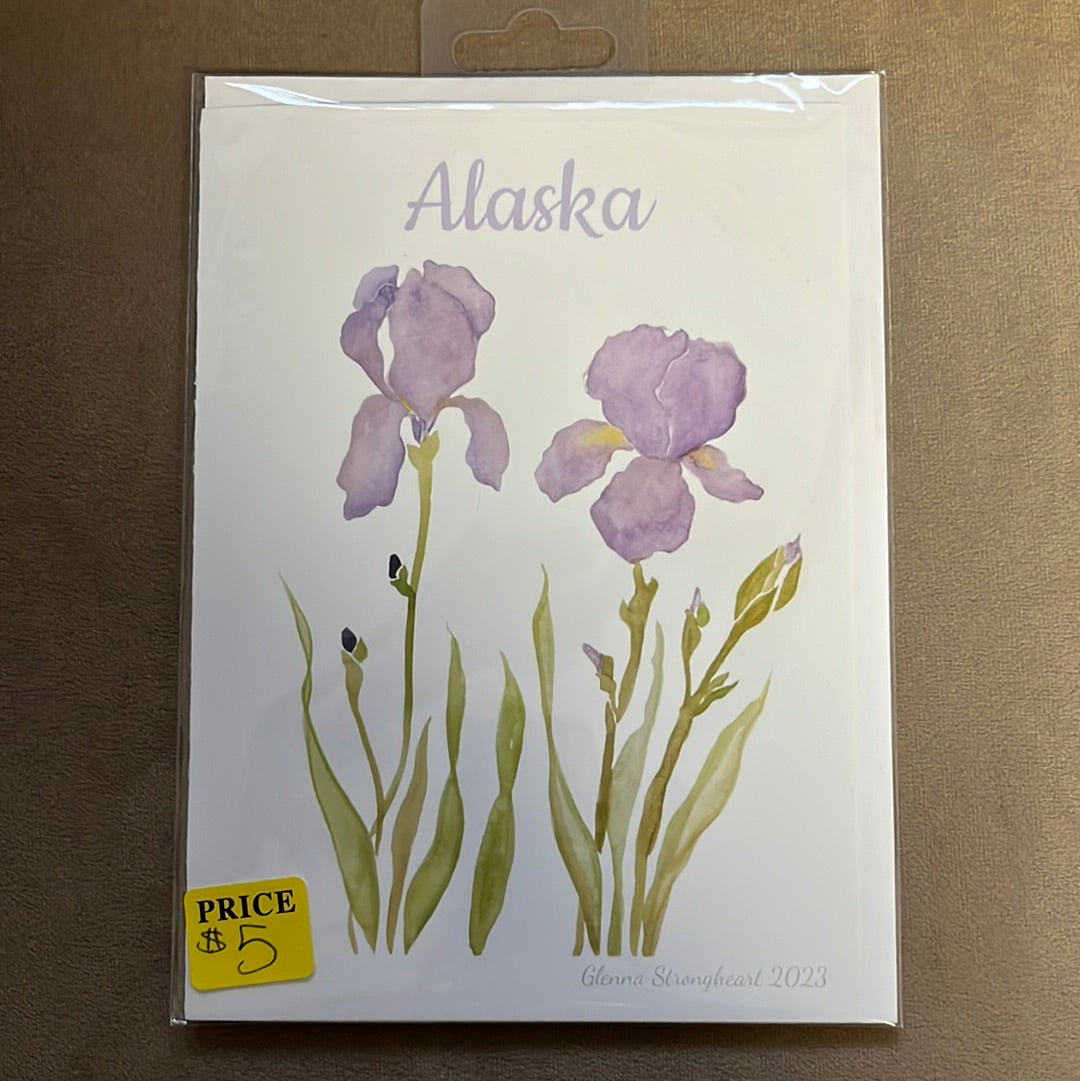 Blank Iris watercolor greeting card with envelope, by Glenna Strongheart.