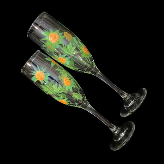 Set of 2 hand painted salmonberry champagne flutes.