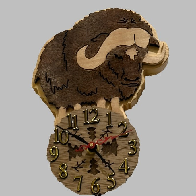 Wooden musk ox pendulum clock