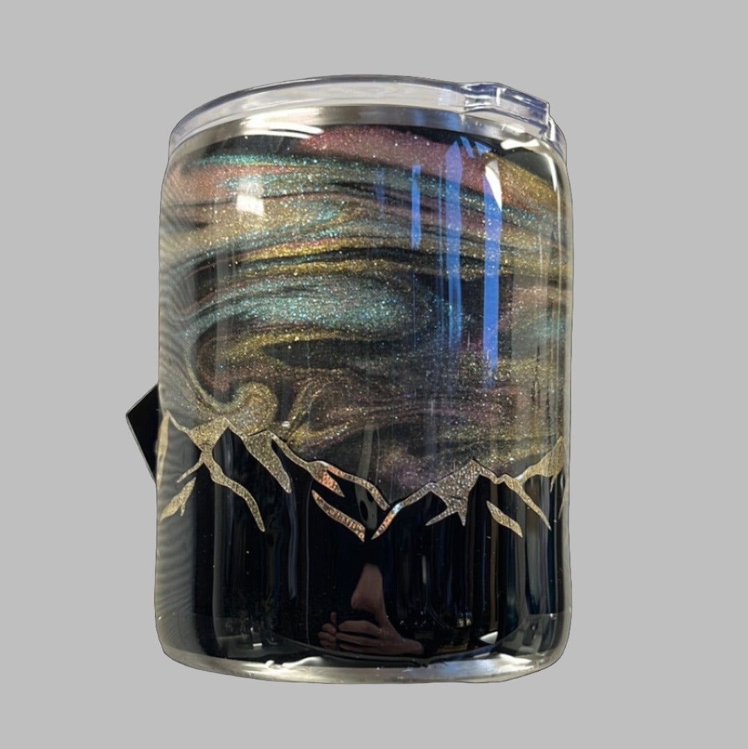 12oz metal travel mug with resin Gold Aurora finish.