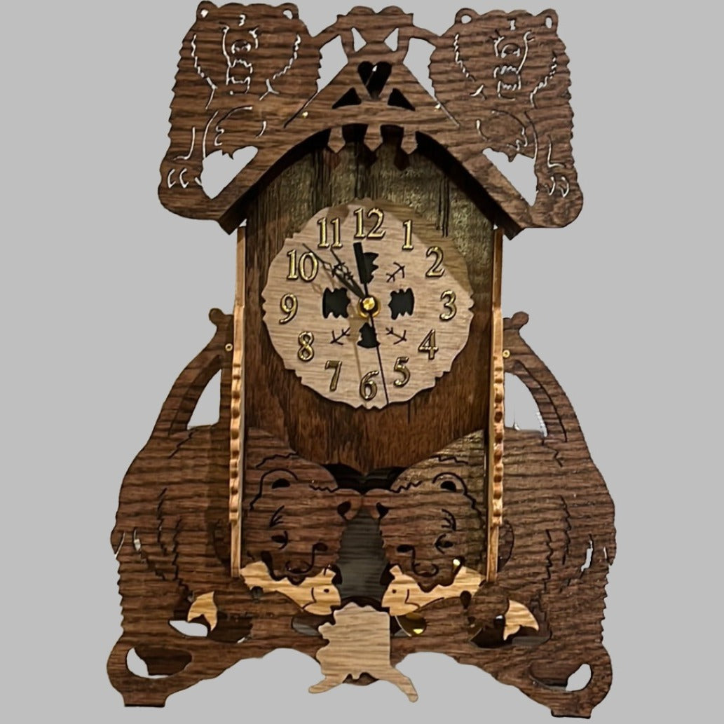 Wooden moose pendulum clock. Can be mounted on wall or free standing, hand scroll sawn,