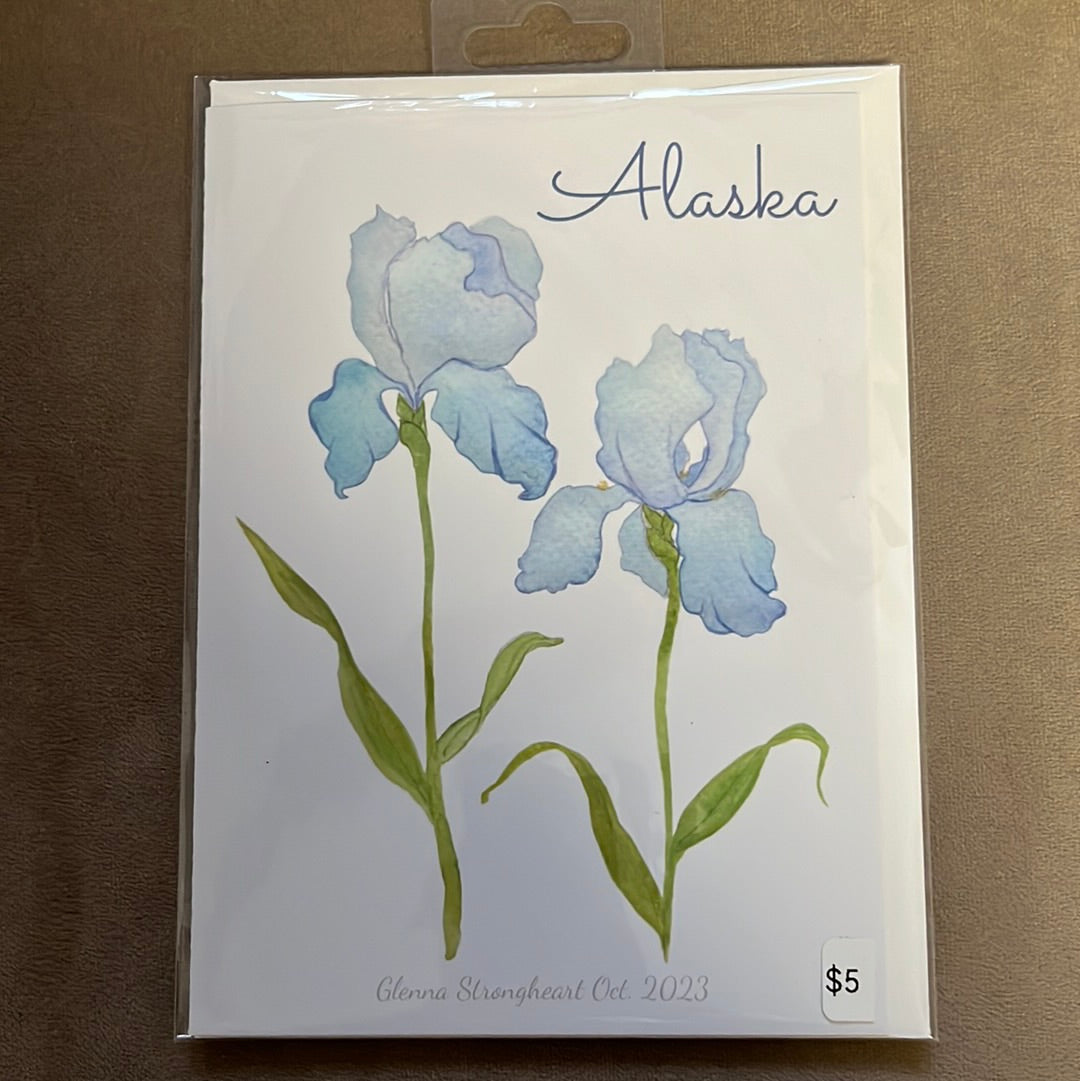 Blank Iris watercolor greeting card with envelope, by Glenna Strongheart.