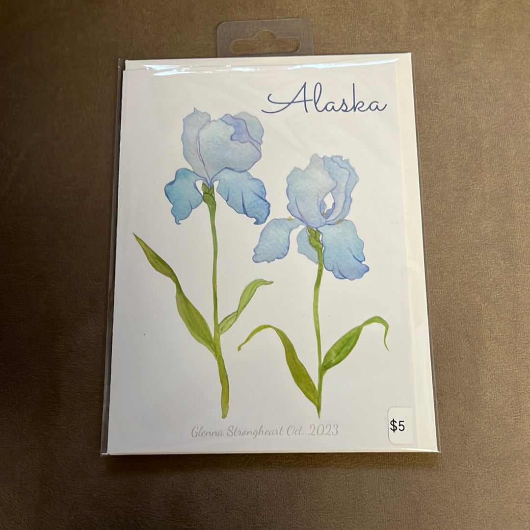 Blank Iris watercolor greeting card with envelope, by Glenna Strongheart.
