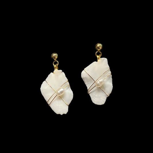 Kruzof Drops - Wire Wrapped Halibut otoliths w/ freshwater pearls