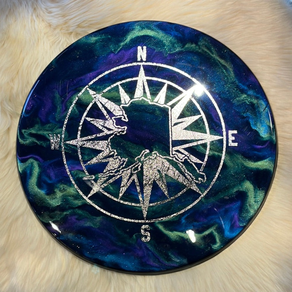 Extra large spinning Lazy Susan with resin "Northern Lights &amp; Compass" design.