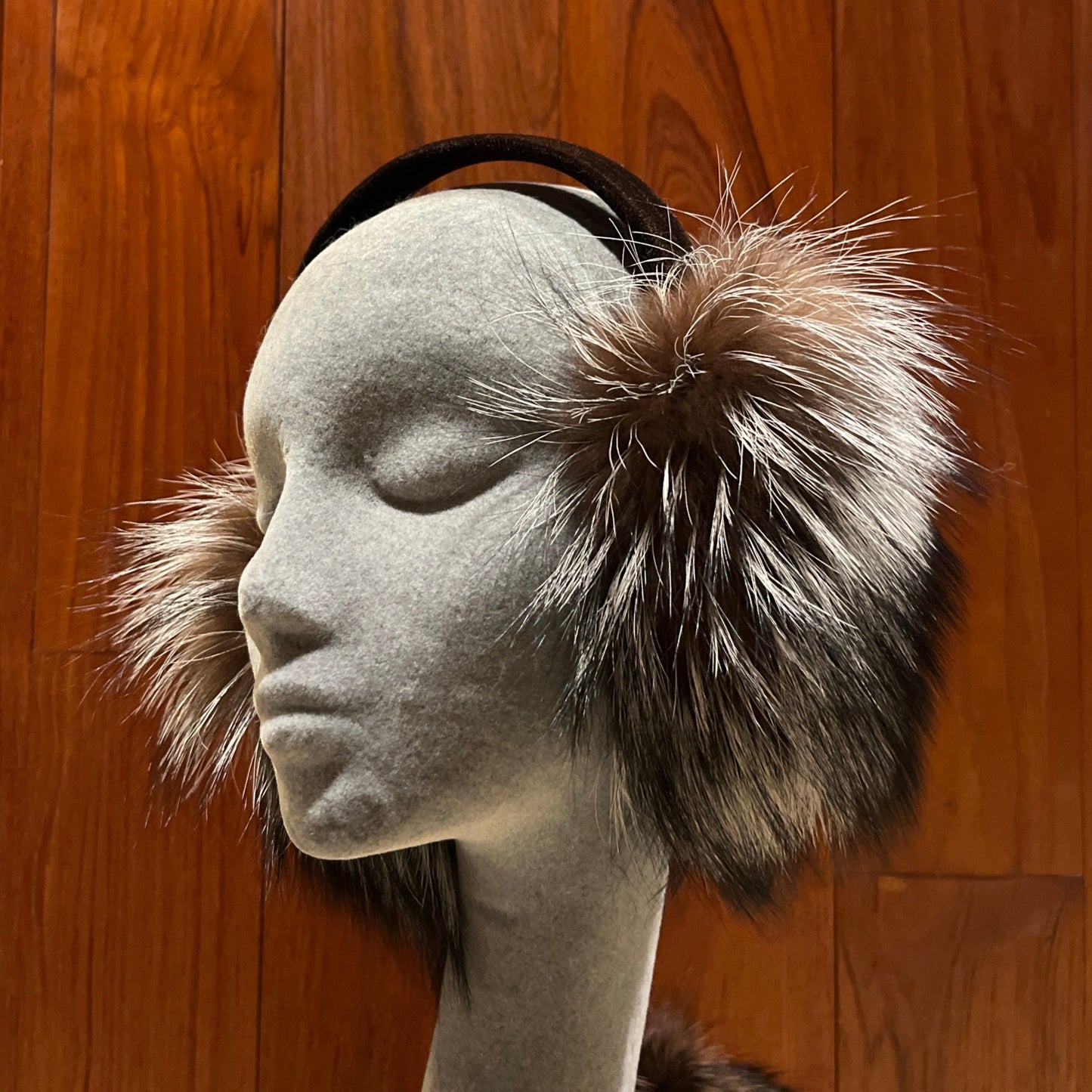 Crystal fox earmuffs with velvet band, one size fits most. Made in Alaska