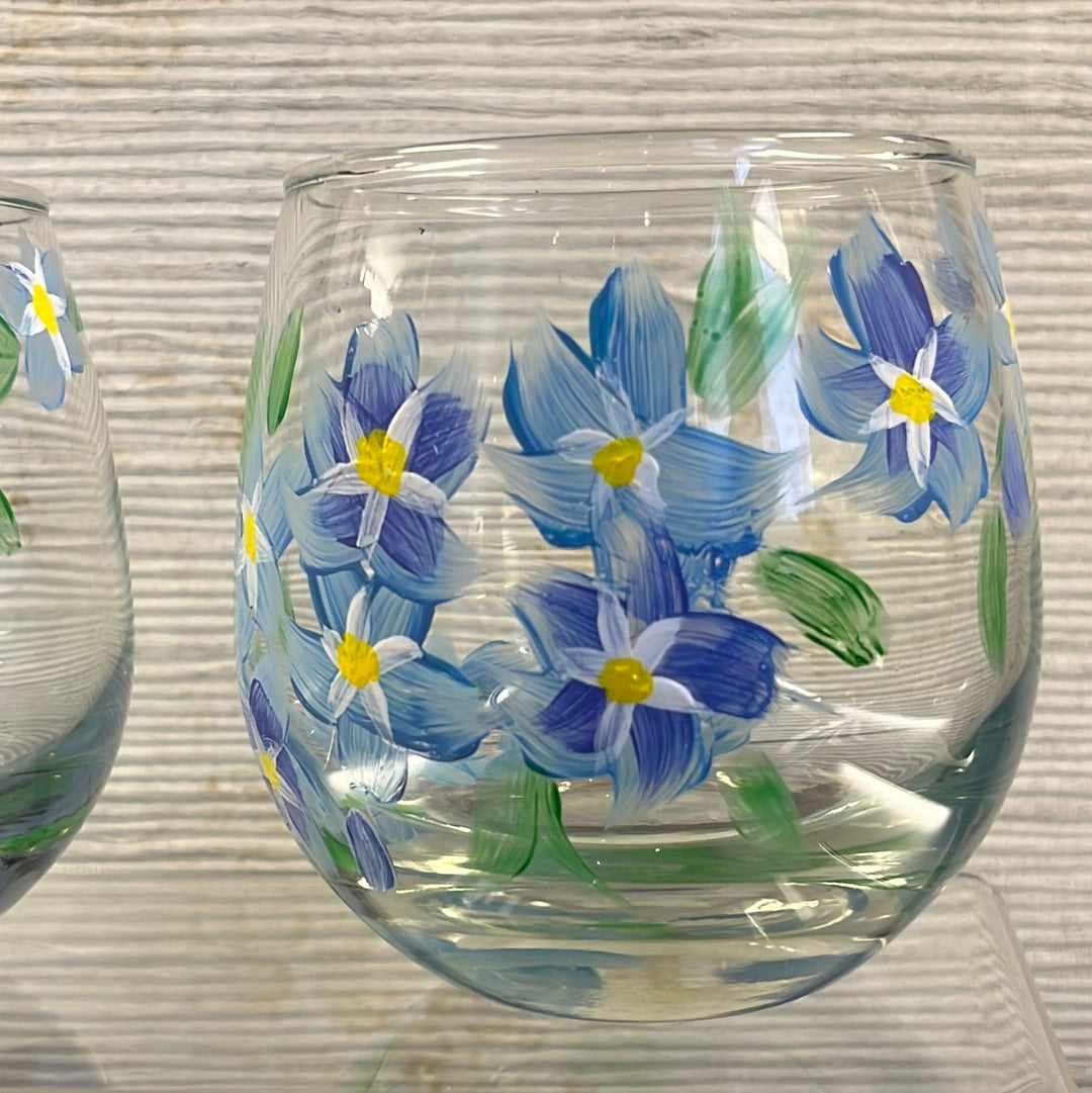 Set of 2 hand painted Forget-me-not stemless wine glasses