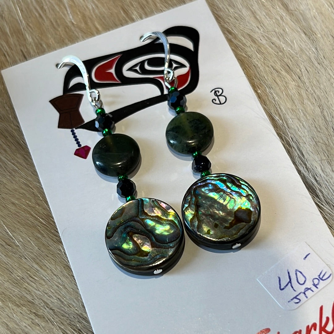 Abalone coin w/ Jade coin & glass bead earrings