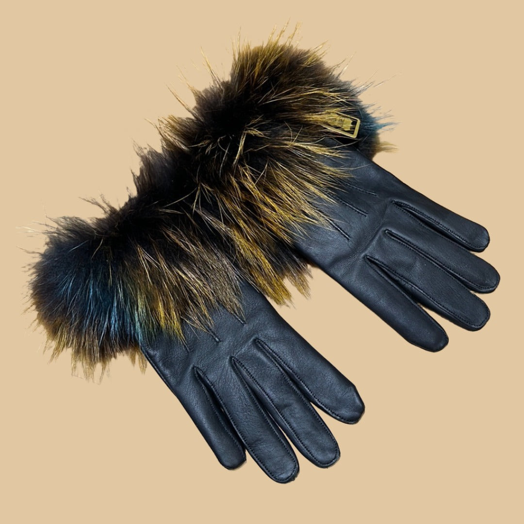 Multi-Colored Dyed Tanuki fur cuff leather ladies gloves