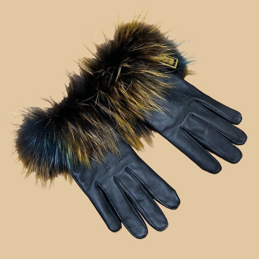 Multi-Colored Dyed Tanuki fur cuff leather ladies gloves