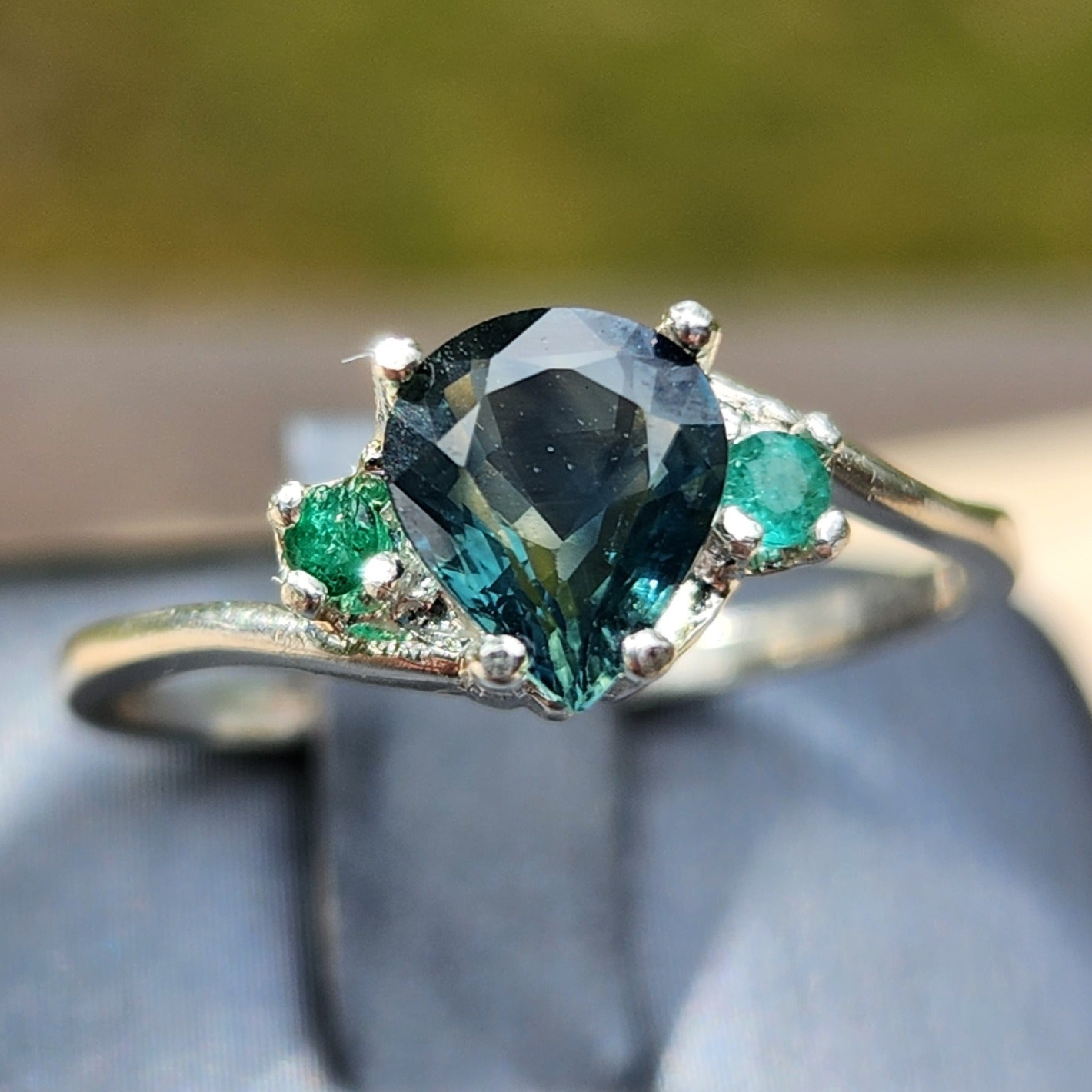 Blue Green Sapphire w/ Emerald accents (size 6.5)