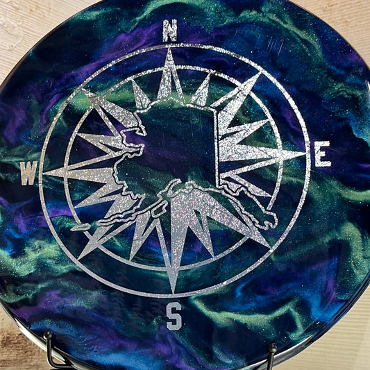 Extra large spinning Lazy Susan with resin "Northern Lights &amp; Compass" design.