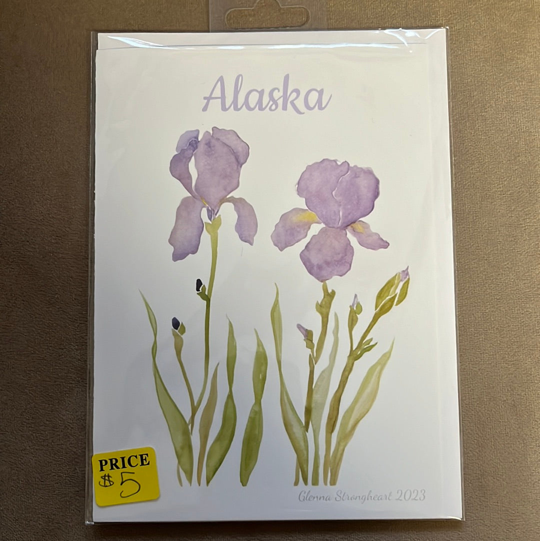 Blank Iris watercolor greeting card with envelope, by Glenna Strongheart.