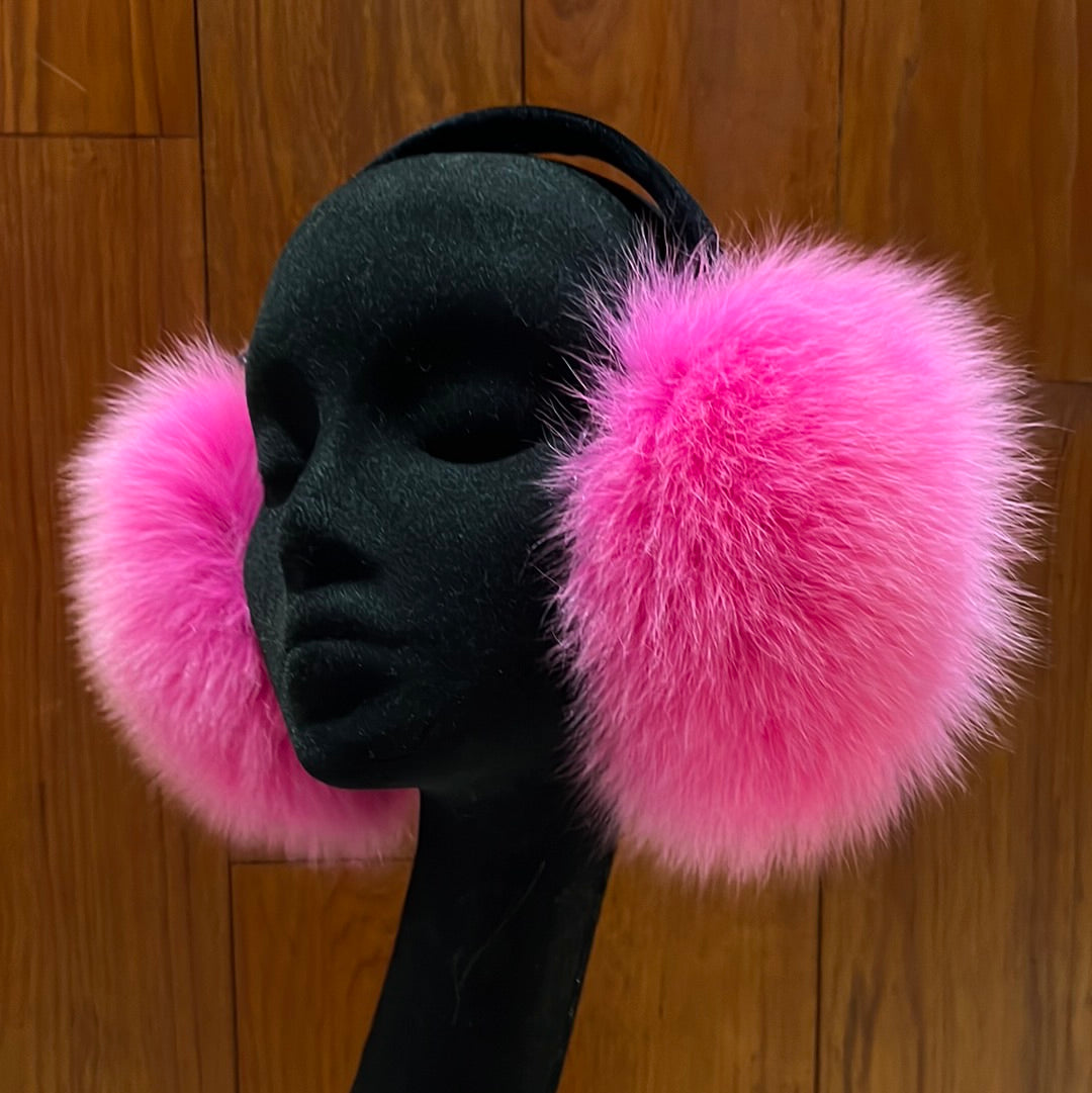 Dyed blue fox earmuffs with black velvet band, one size fits most.