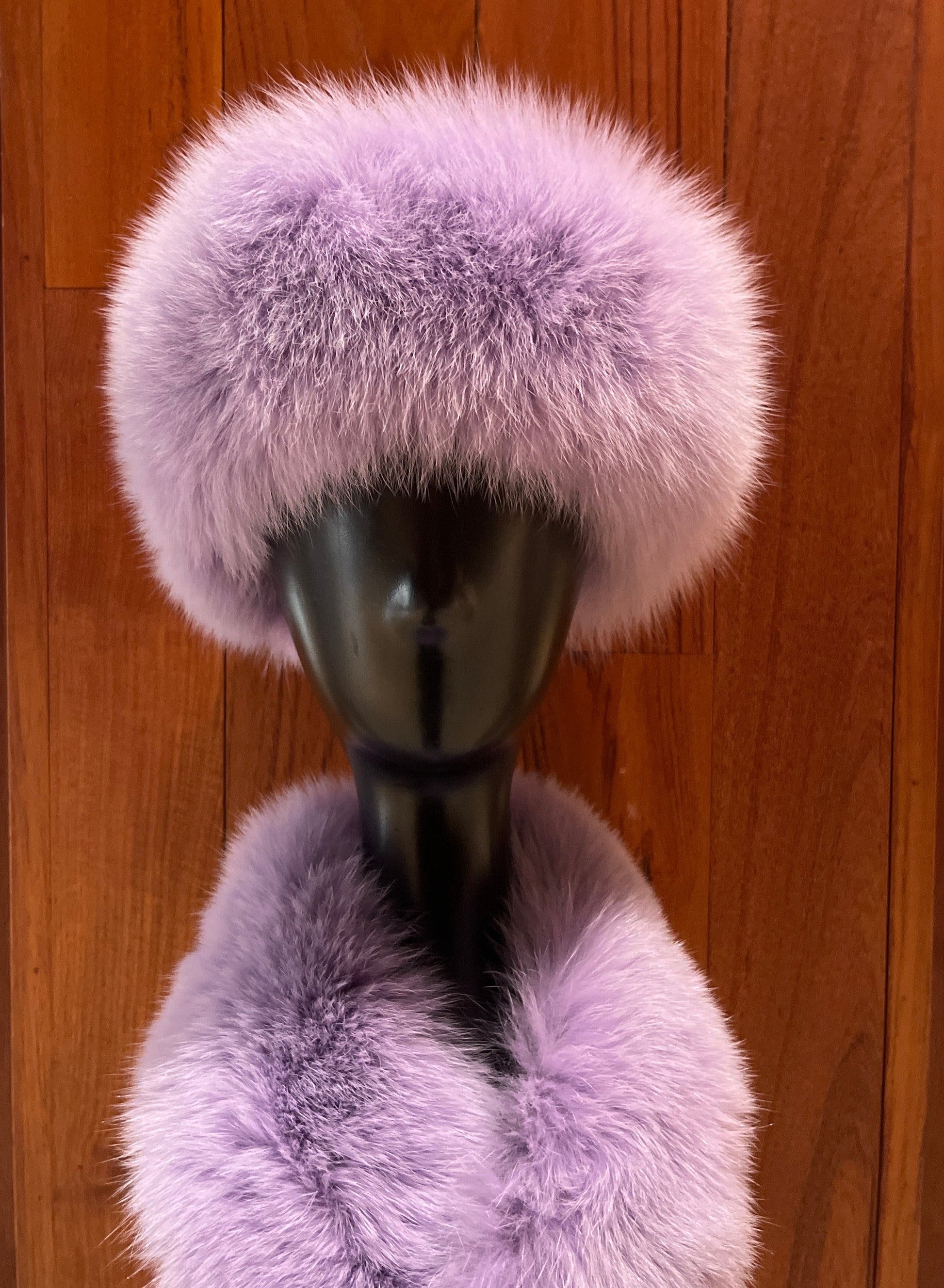 Lavender-colored fox fur headband, with adjustable velcro closure. Can be worn as collar, one size fits most.