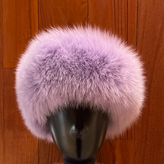 Lavender-colored fox fur headband, with adjustable velcro closure. Can be worn as collar, one size fits most.
