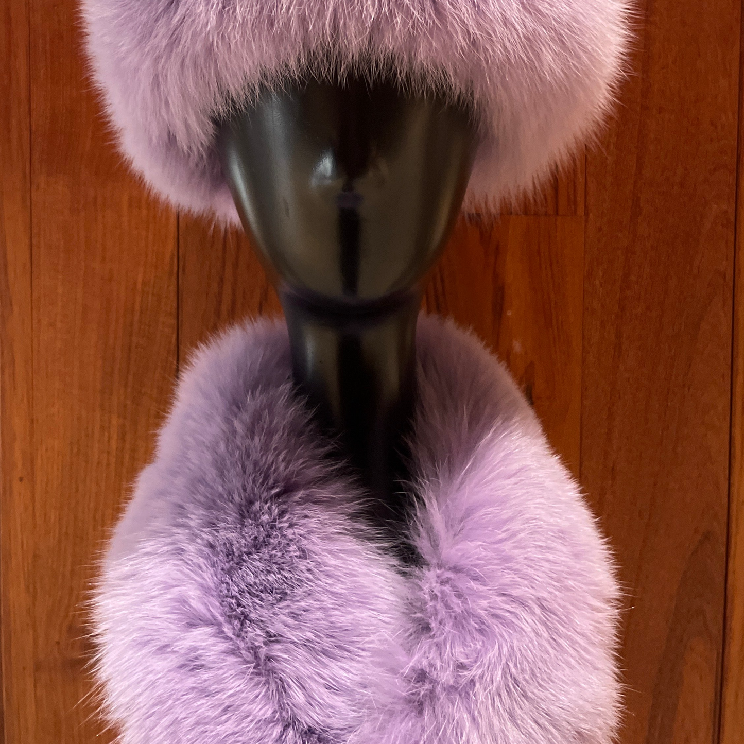 Lavender-colored fox fur headband, with adjustable velcro closure. Can be worn as collar, one size fits most.