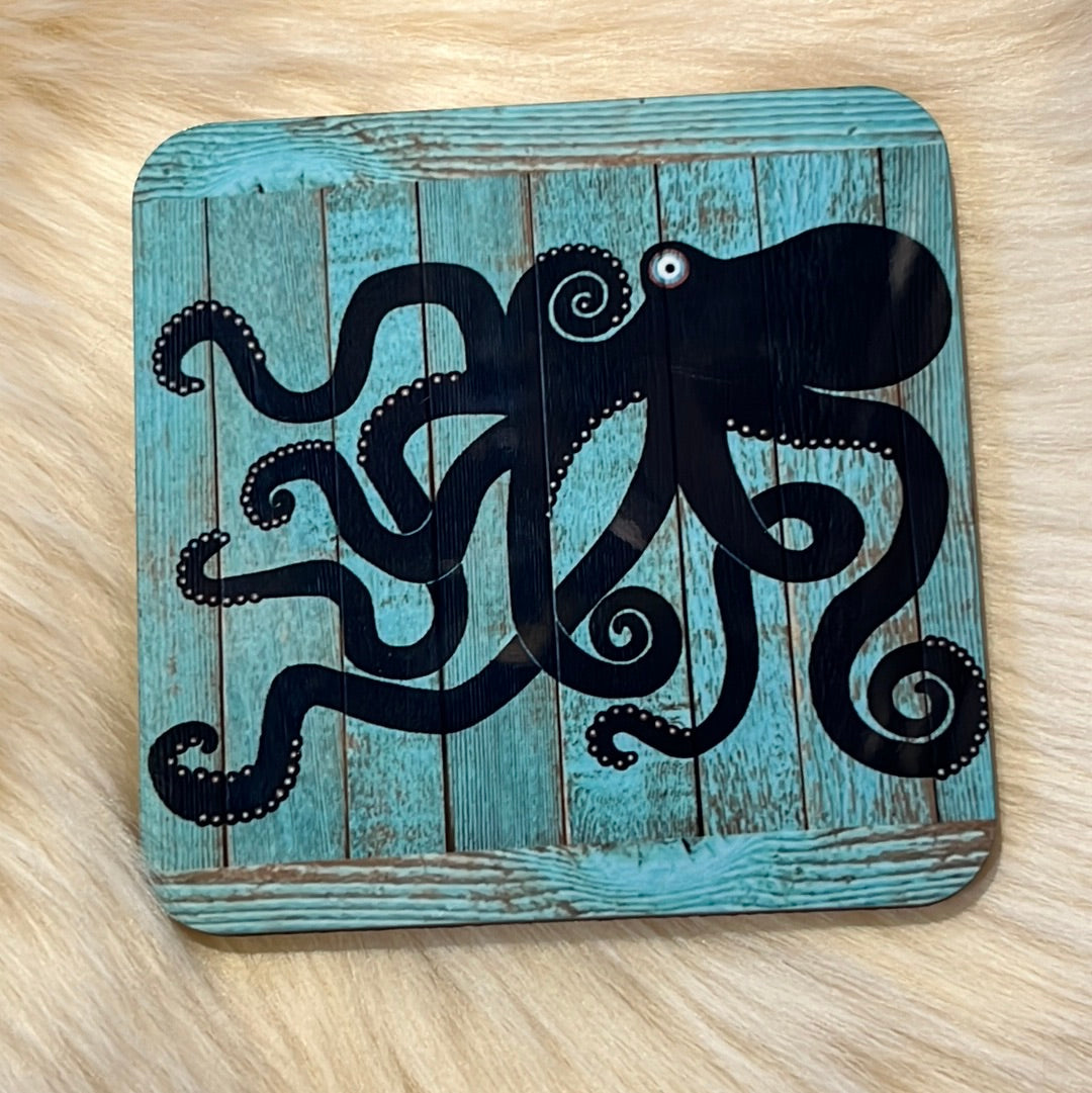 3.75”x 3.75” Square cork Octopus coaster 