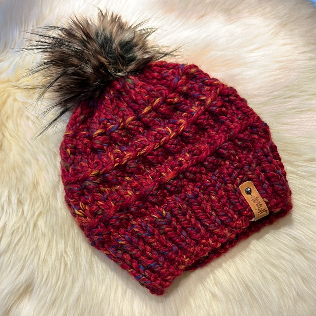 Abalone Beanie (Red)  Wool blend yarn with removable pom pom. Care: Remove pom, gentle wash dry flat. 
