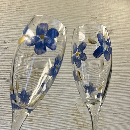Set of 2 hand painted gold Forget-me-not champagne flutes.