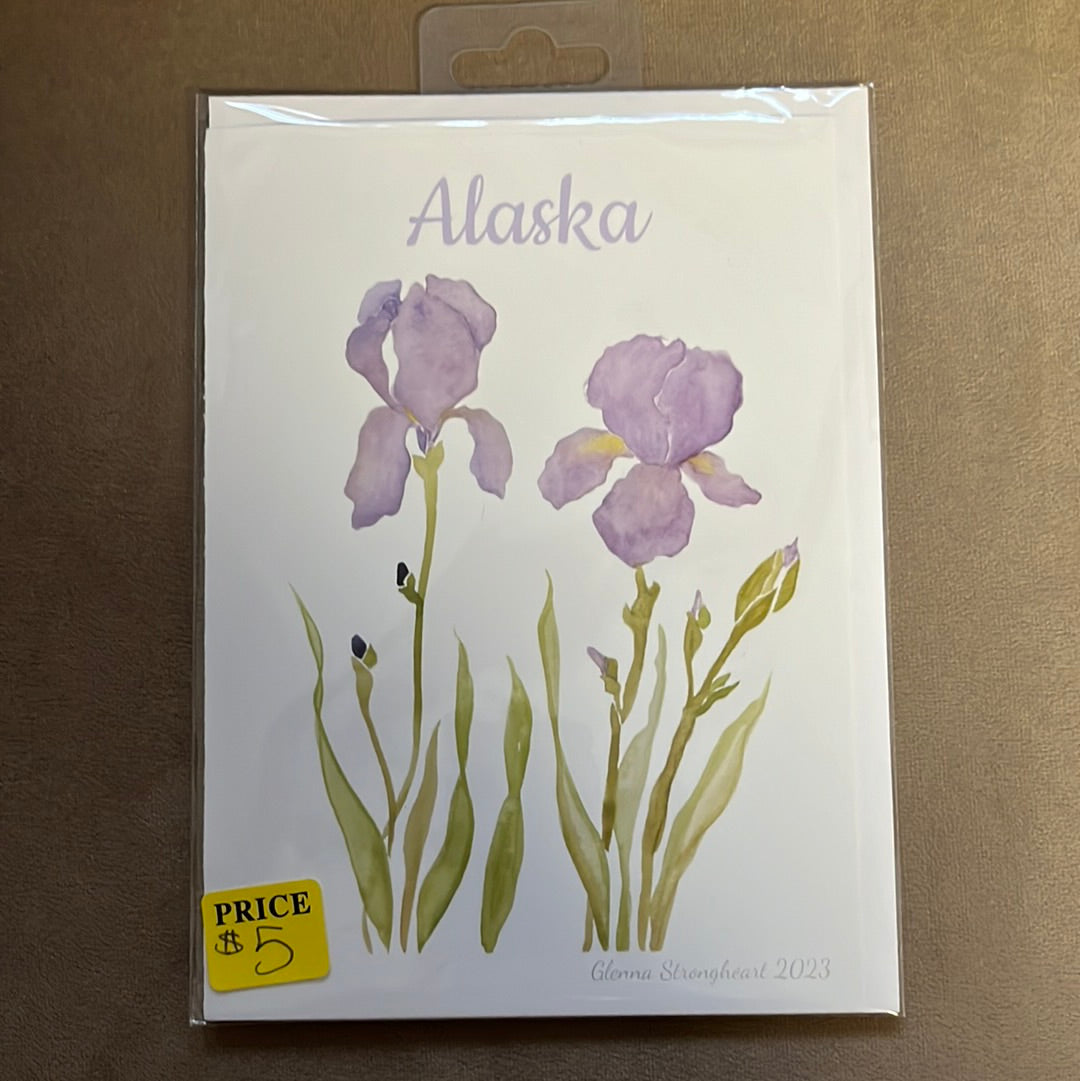 Blank Iris watercolor greeting card with envelope, by Glenna Strongheart.