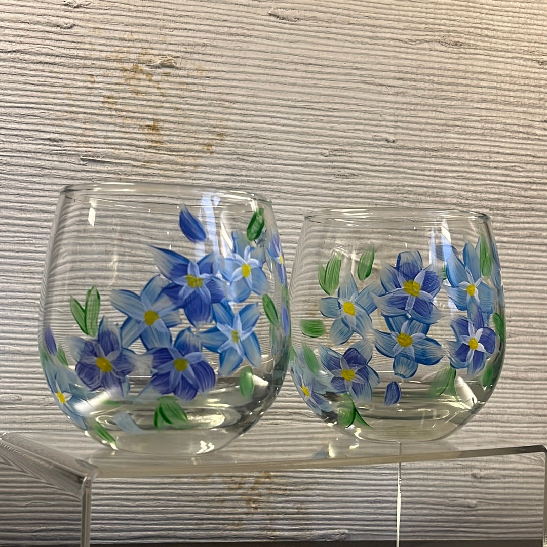 Set of 2 hand painted Forget-me-not stemless wine glasses