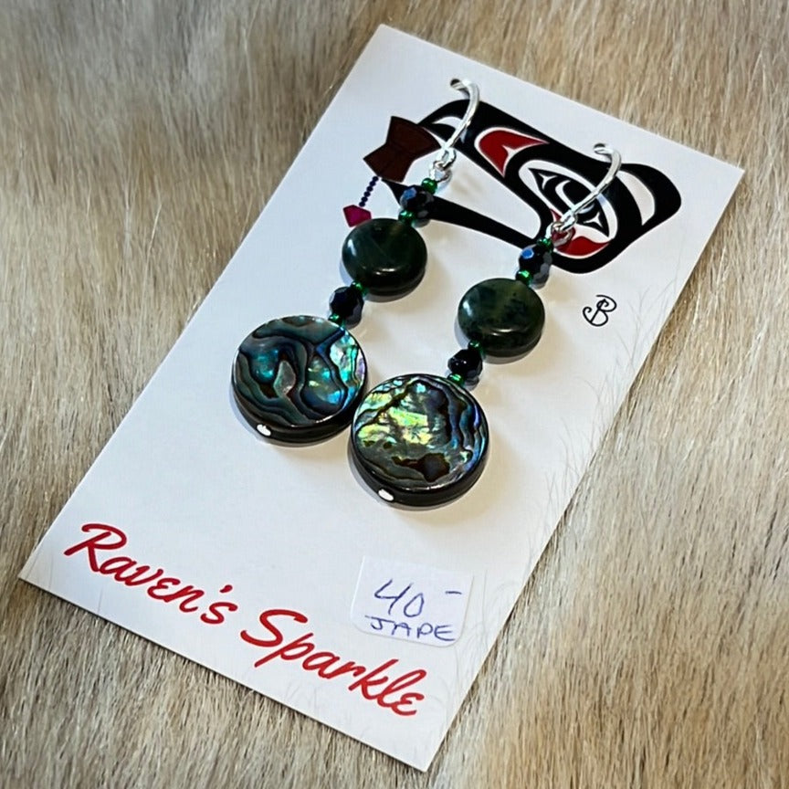 Abalone coin w/ Jade coin & glass bead earrings