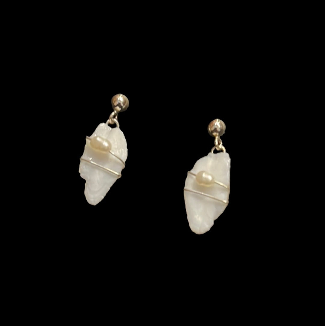Kruzof Drops - Wire Wrapped Halibut otoliths w/ freshwater pearls