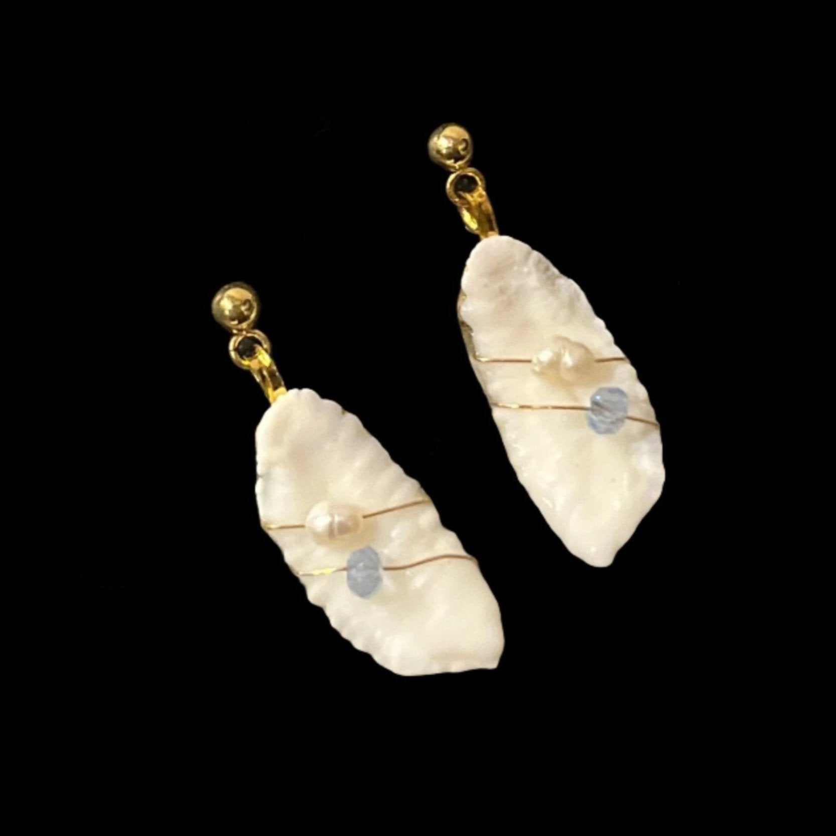 14k Gold Filled wire wrapped Cod otoliths with Freshwater Pearls and blue crystal beads by Salmon Seas