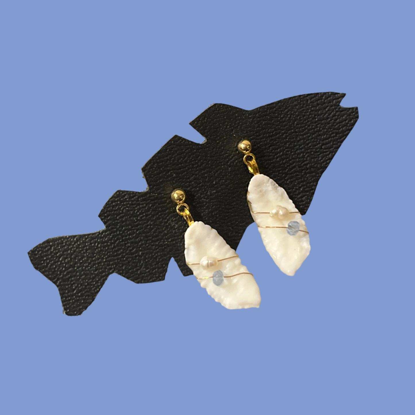 14k Gold Filled wire wrapped Cod otoliths with Freshwater Pearls and blue crystal beads by Salmon Seas