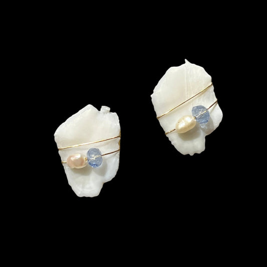 Krestof Studs - 14k Gold Filled Halibut otoliths w/ Freshwater Pearls & Blue Crystal beads