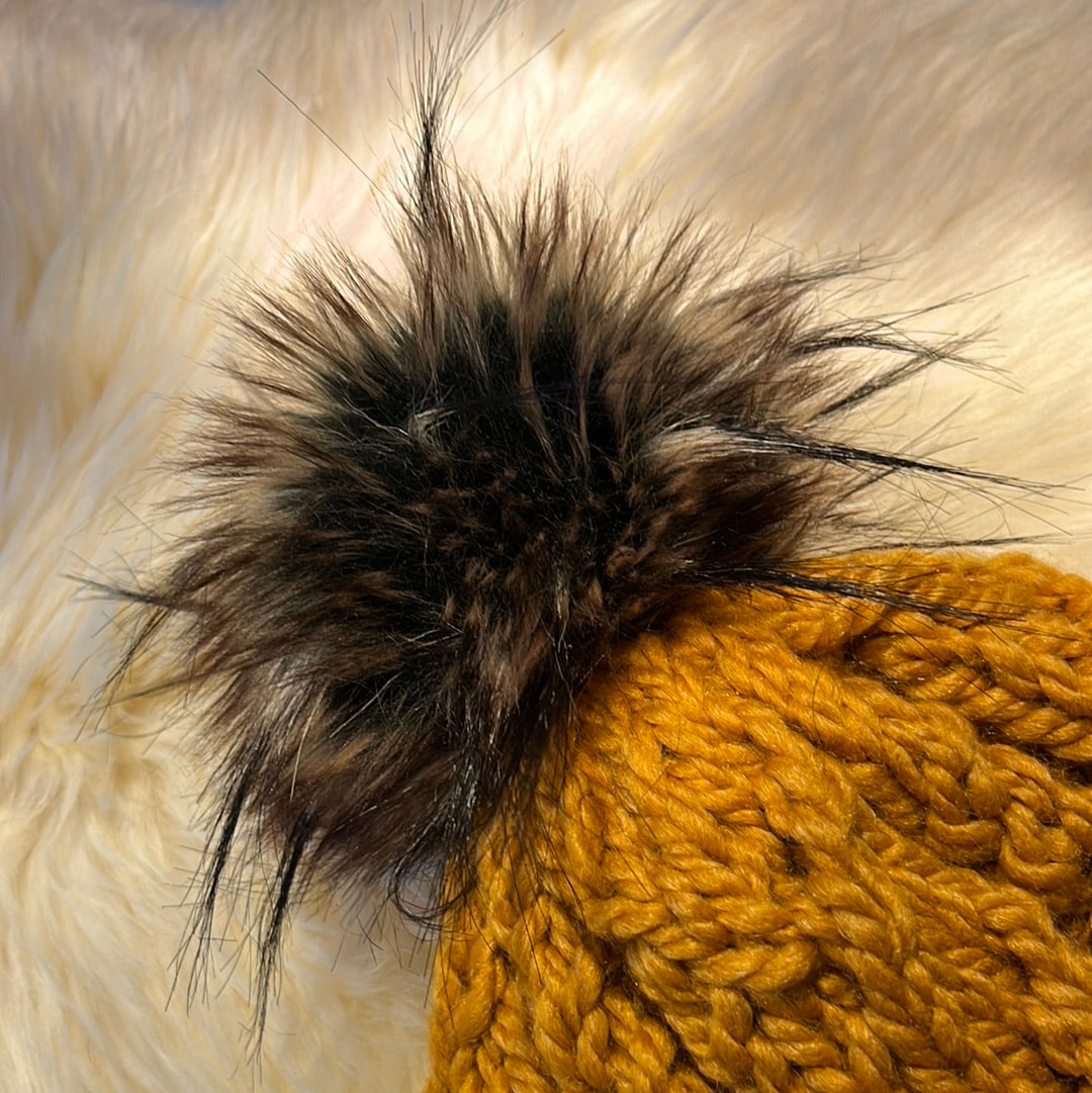 Jade Beanie (Mustard) Wool blend yarn with removable pom pom. Care: Remove pom, gentle wash dry flat.