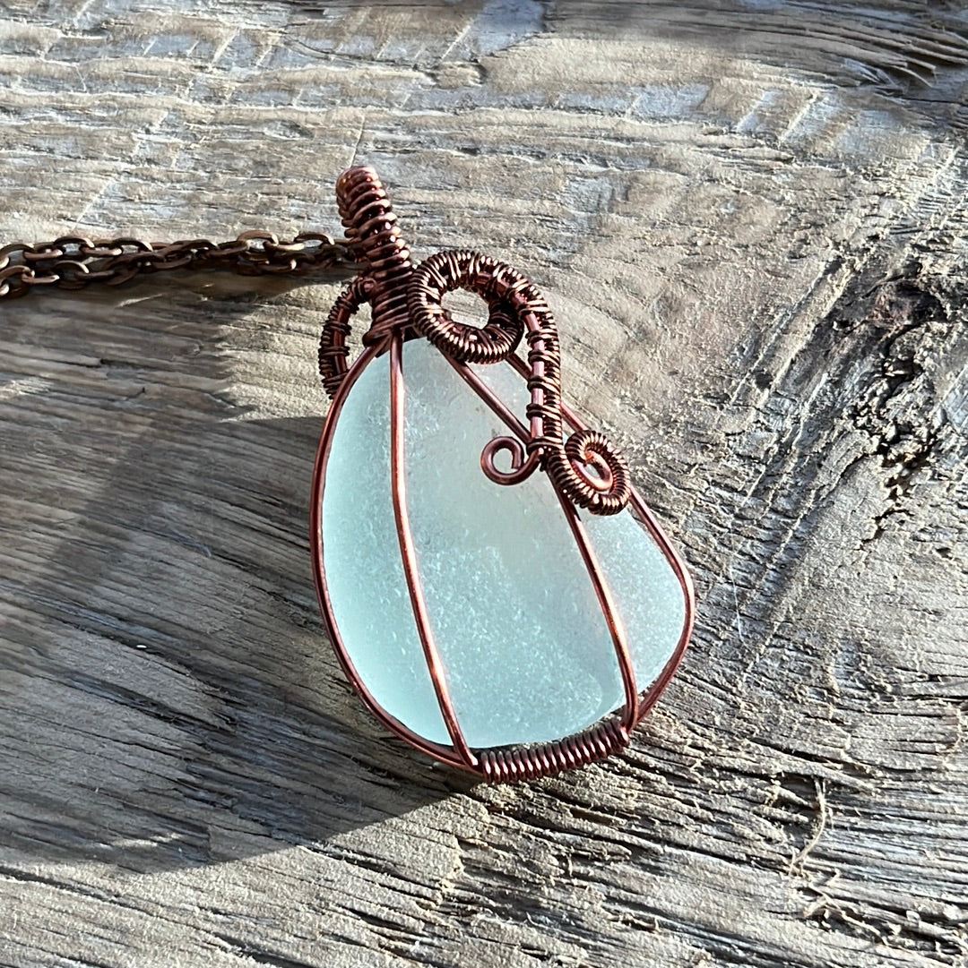 Light Teal Sea Glass Pendant w/ Copper Wire Wrap