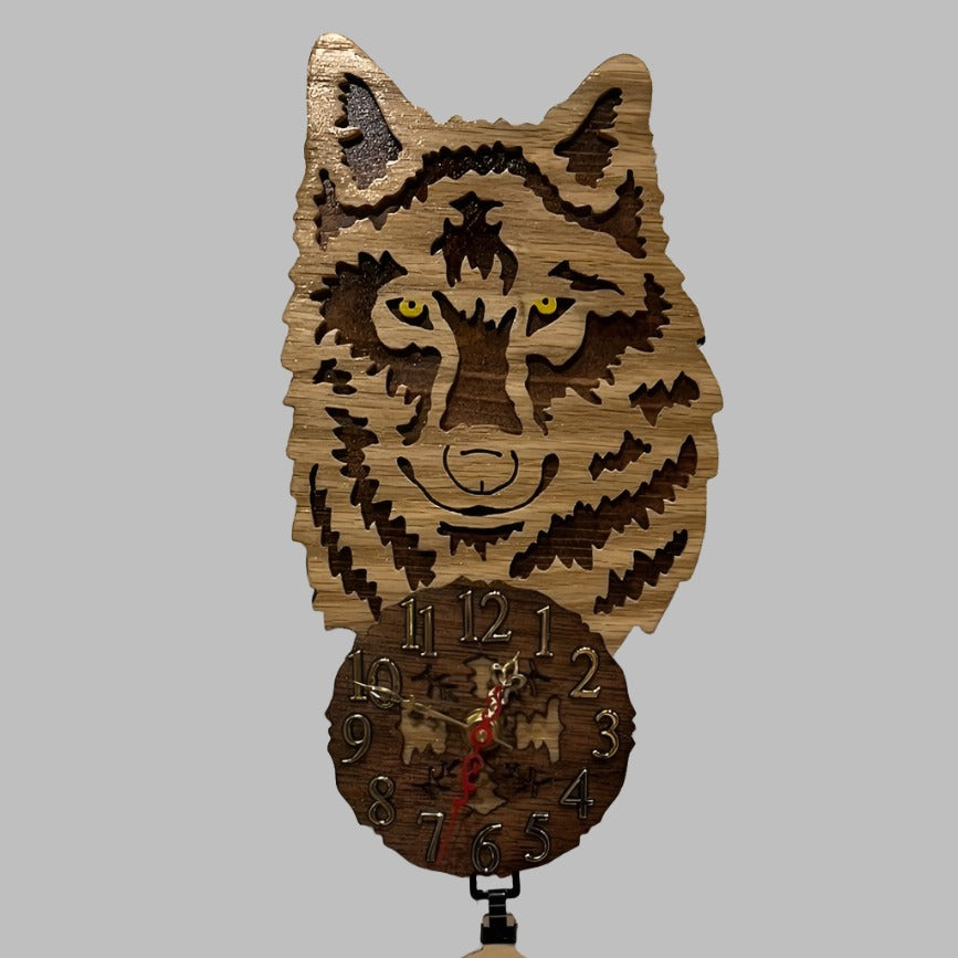 Wooden wolf pendulum clock, hand scroll sawn, with high quality quartz movements, designed for years of service. One AA battery included.