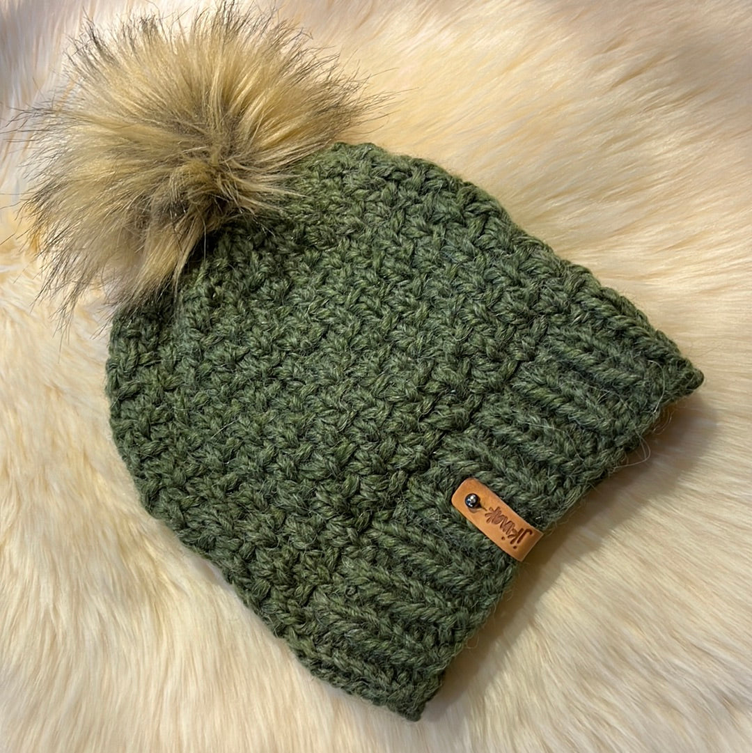 Reminisce Beanie (Green) Wool acrylic blend yarn with removable pom pom. Care: Remove pom, gentle wash dry flat.