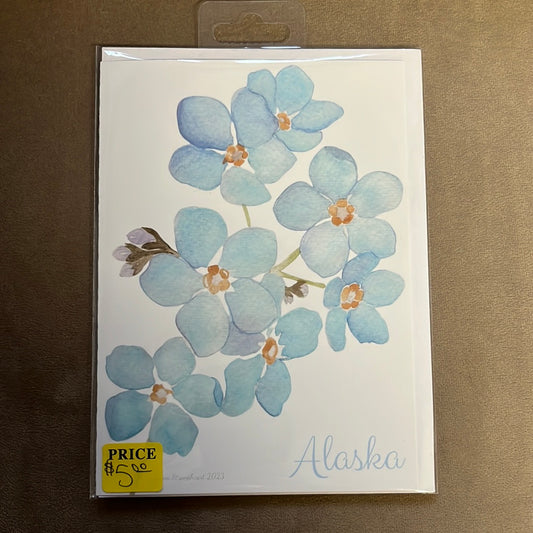 Blank Forget-me-not watercolor greeting card with envelope, by Glenna Strongheart.