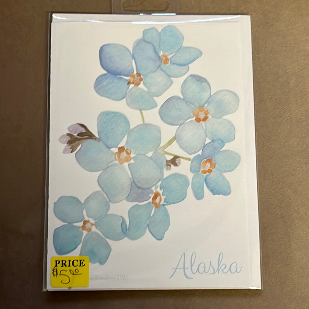 Blank Forget-me-not watercolor greeting card with envelope, by Glenna Strongheart.