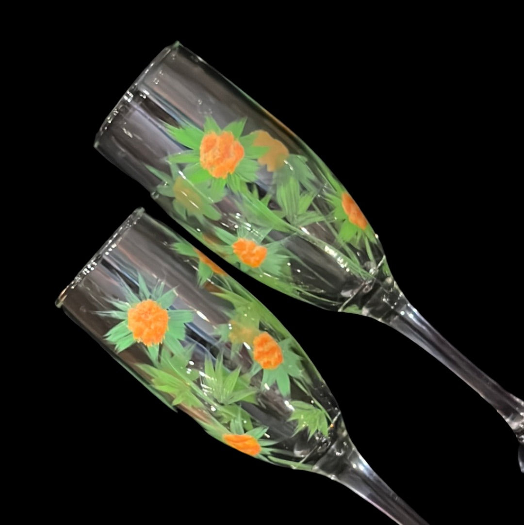 Set of 2 hand painted salmonberry champagne flutes.