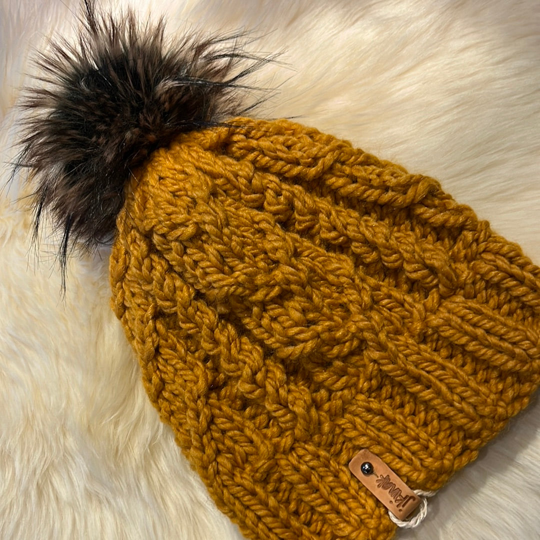 Jade Beanie (Mustard) Wool blend yarn with removable pom pom. Care: Remove pom, gentle wash dry flat.