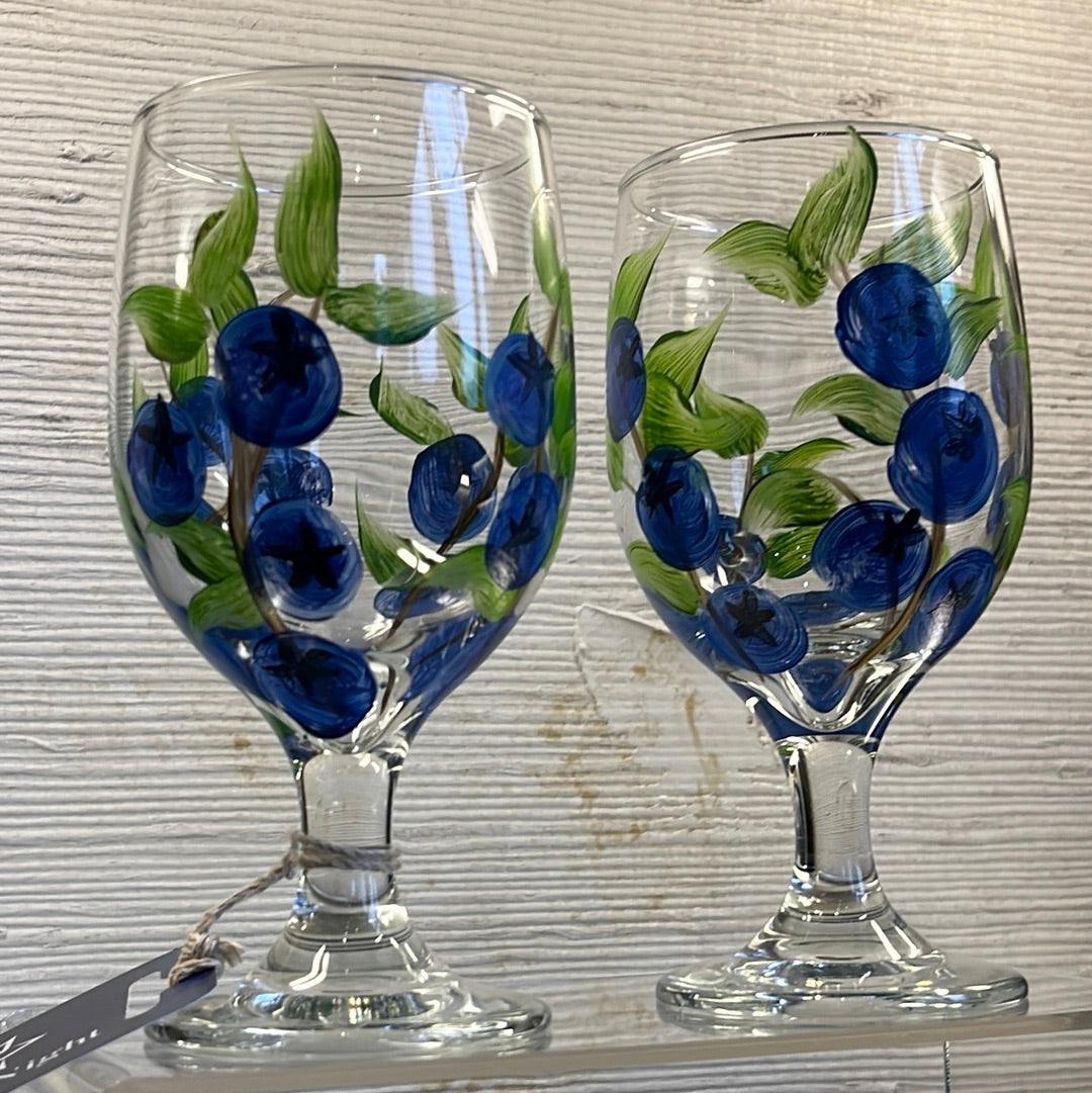 Set of 2 hand painted Blueberry wine glasses.