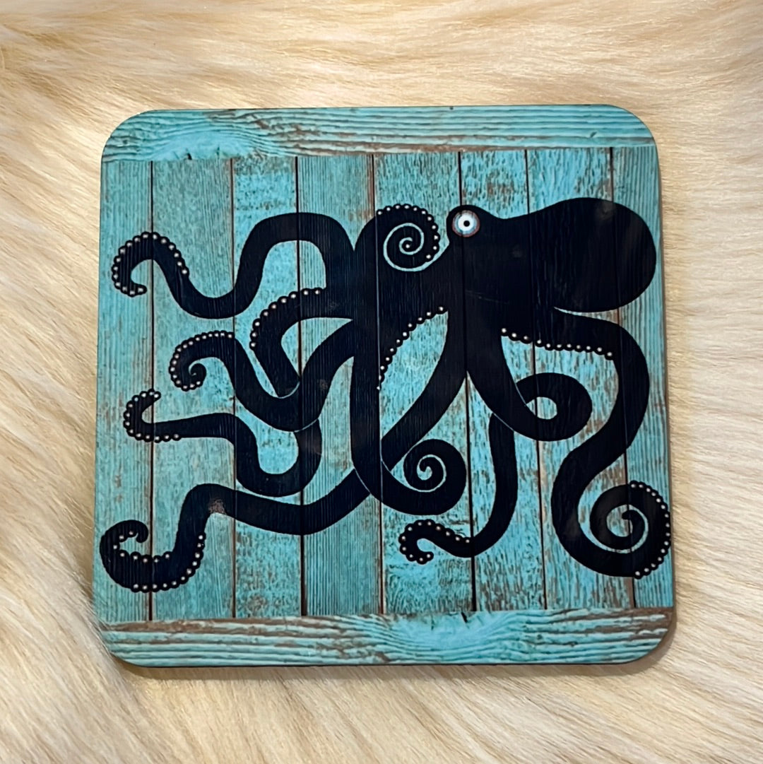 3.75”x 3.75” Square cork Octopus coaster 