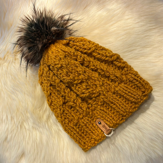 Jade Beanie (Mustard) Wool blend yarn with removable pom pom. Care: Remove pom, gentle wash dry flat.