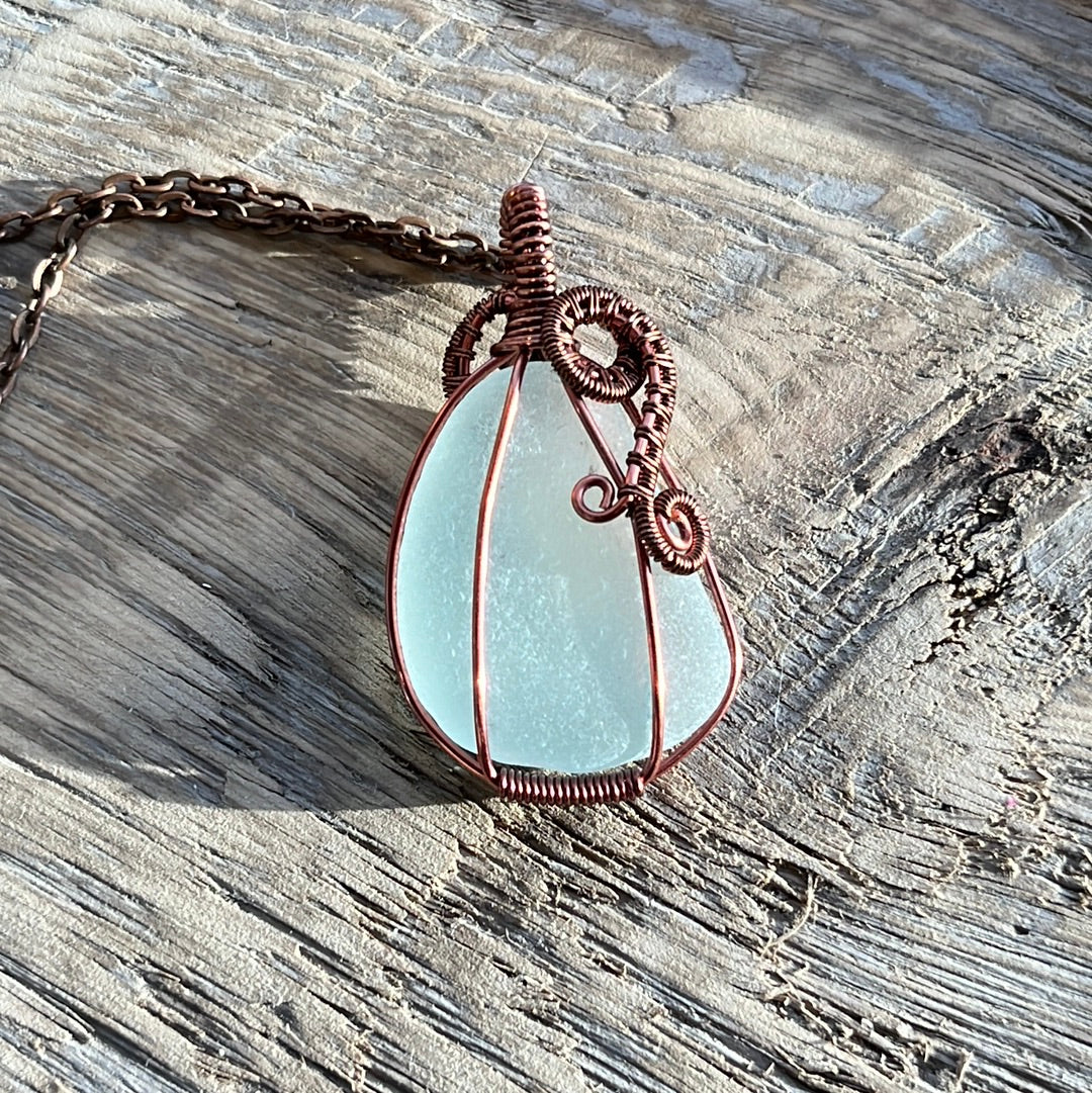 Light Teal Sea Glass Pendant w/ Copper Wire Wrap