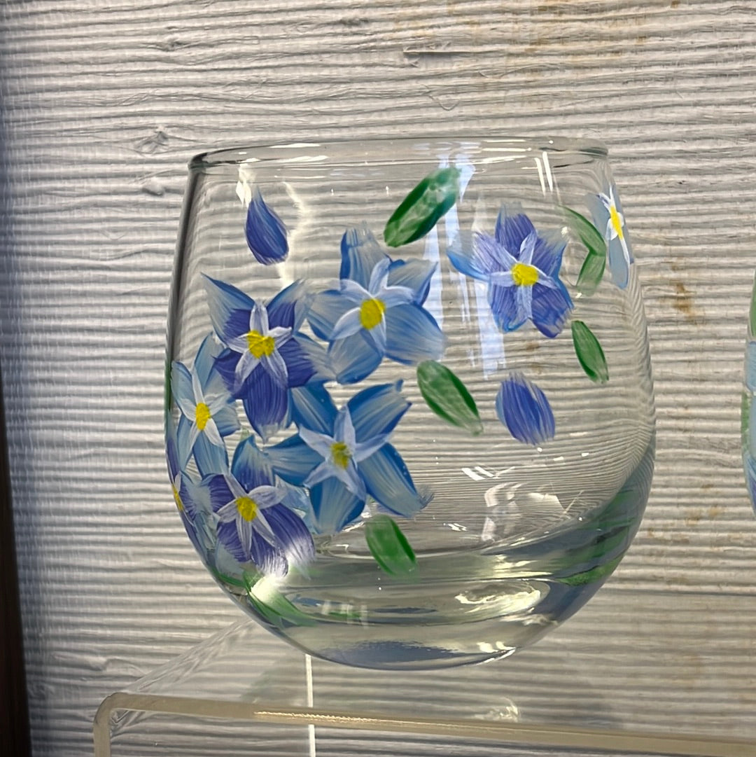 Set of 2 hand painted Forget-me-not stemless wine glasses