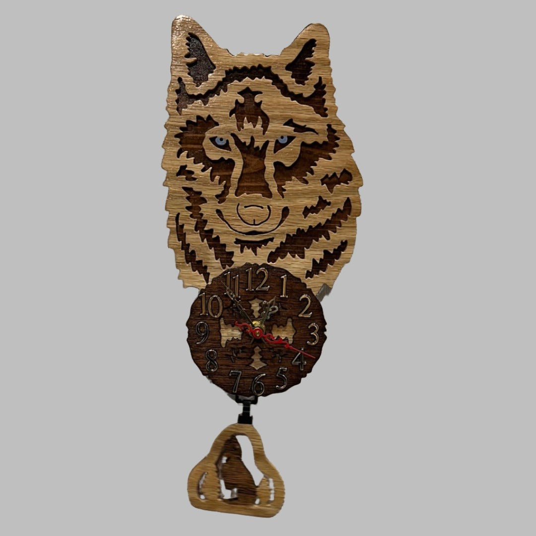 Wooden wolf pendulum clock, hand scroll sawed, with high quality quartz movements, designed for years of service. One AA battery included.