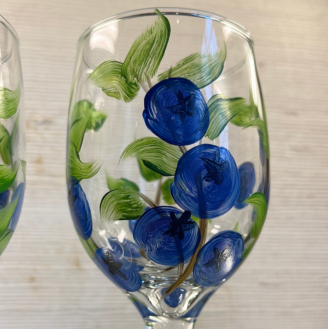 Set of 2 hand painted Blueberry wine glasses.