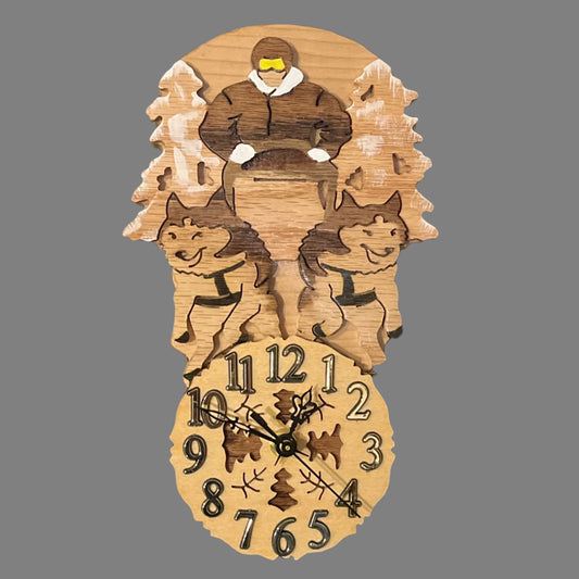 Sled dogs and musher clock